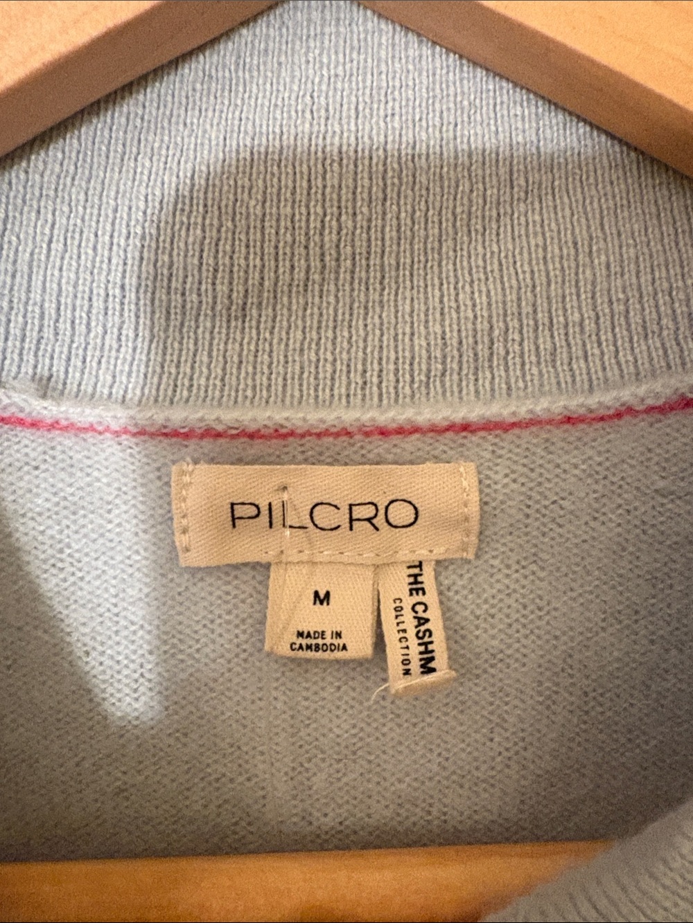 Pilcro Light Blue Long-Sleeve Polo with Dog Embroidery and Pink Trim - Picture 3 of 10